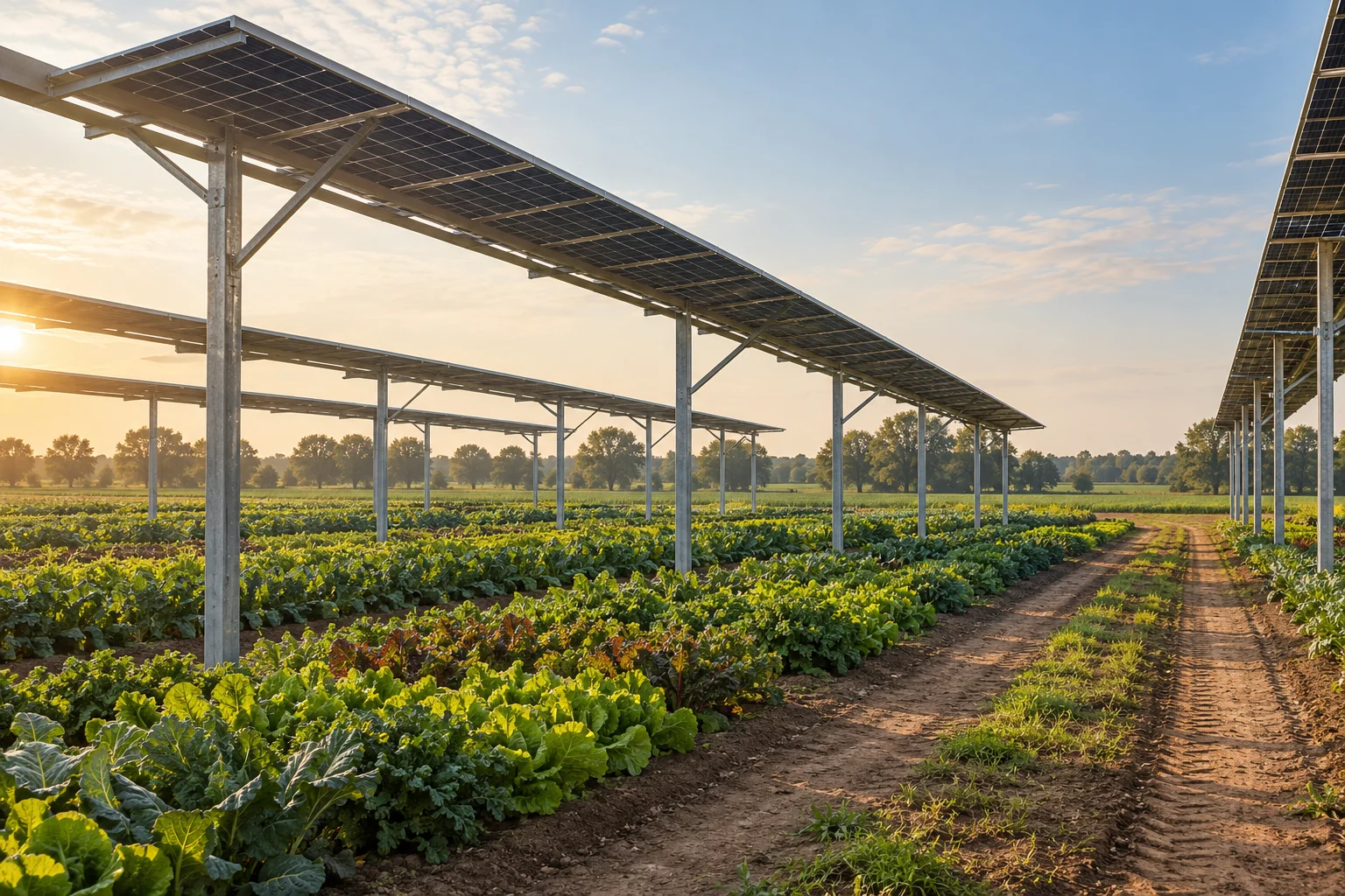 Agrowoltaika: podwyższone panele nad uprawą — wizualizacja koncepcyjna